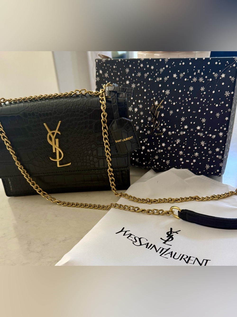 Black Croc-Embossed vegan Leather Crossbody with Gold Chain